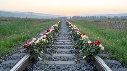 Poster - Vibrant rose bouquets carefully arranged on peaceful train tracks under the warm glowing light of a setting sun in a serene rustic landscape  This tranquil romantic scene evokes a sense of beauty