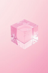 Poster - A clear pink ice cube floating against a soft gradient background, showcasing its clarity and geometric shape for product photography.