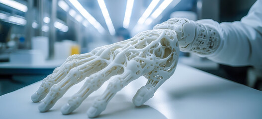 Poster - Futuristic Lab with 3D Printed Personalized Prosthetic Hand in Advanced Technology Setting