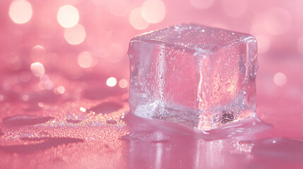 Poster - A close-up of a clear ice cube resting on a soft pink surface, reflecting light and creating a delicate visual effect for product photography.