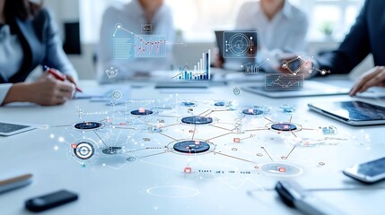 Leinwandbilder - Silhouettes of business professionals viewing a global network of interconnected digital nodes with floating 3D charts and analytical tools