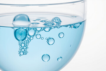 Poster - A clear glass bowl filled with blue liquid and bubbles, showcasing an intriguing visual effect with reflections and a clean aesthetic for product photography.