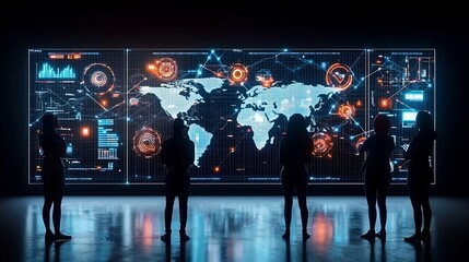 Poster - Silhouette figures standing in front of a global technology network with 3D data nodes graphs and visualizations representing advanced data analysis intelligence and insights