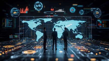 Leinwandbilder - Silhouettes of business leaders standing in front of a global tech network surrounded by floating 3D data nodes and digital charts