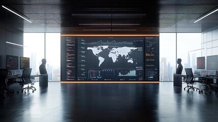 Aufkleber - Silhouettes of business executives or analysts facing a dynamic digital global network with floating 3D data nodes and interactive analysis graphics in a modern office or technology setting