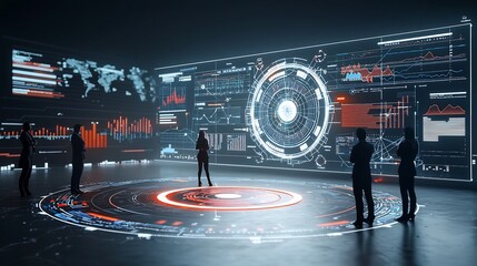 Leinwandbilder - Silhouettes of People Observing a Futuristic Network of Interconnected Nodes Surrounded by 3D Charts and Analytical Tools for Digital Data Visualization and Business Intelligence