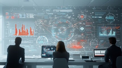 Leinwandbilder - Silhouetted figures observing a futuristic network of interconnected nodes and 3D data visualization charts