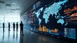 © Srinard - Silhouettes of business professionals observing a global financial network surrounded by 3D data charts digital interactive analysis tools and information visualization displays