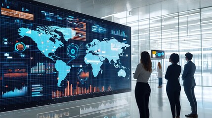 Poster - Silhouettes of businesspeople monitoring a global business network with interactive 3D data charts and digital analysis tools for finance strategy and market intelligence