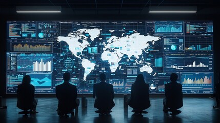 Aufkleber - Silhouetted business professionals watching a global business network surrounded by 3D data charts and digital interactive analysis tools