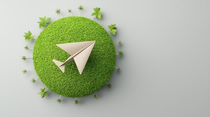 Poster - A paper airplane gracefully circling a large green globe symbolizing alternative energy and sustainable technology solutions for a clean eco friendly future