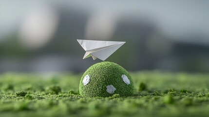 Aufkleber - Close up view of a white paper airplane gracefully floating and drifting around a green earth symbolizing clean energy and sustainability concepts for a better environmental future
