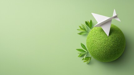 Aufkleber - A paper airplane gracefully circling a large green globe symbolizing alternative energy and sustainable technology solutions for a cleaner more eco friendly future
