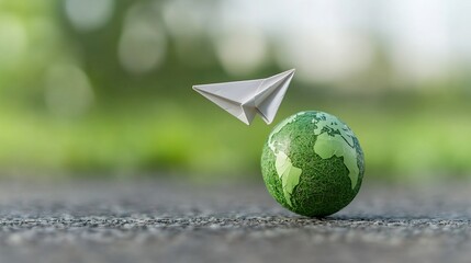 Aufkleber - Paper airplane soaring around a large green earth globe symbolizing renewable energy clean technology and a sustainable future for the planet  Conceptual of environmental protection