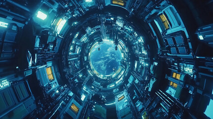Poster - A futuristic view of a space station corridor, showcasing intricate technological details and a view of Earth through a circular window for sci-fi themes.