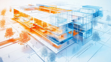 Poster - An architectural sketch depicting a modern building with glass and orange accents, surrounded by trees and pathways, showcasing innovative urban design for architecture.