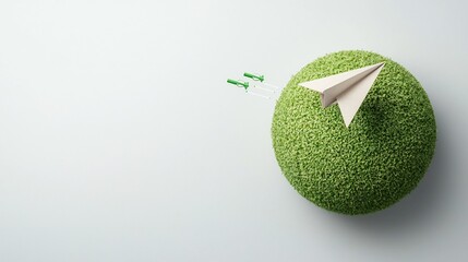 Aufkleber - Paper airplane in graceful flight around a large green globe symbolizing clean energy and renewable technology solutions for a sustainable future  This conceptual image represents innovation progress