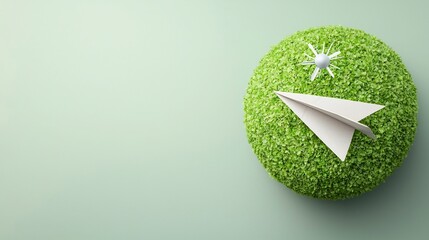 Poster - Paper airplane soaring gracefully around a large green globe symbolizing clean energy solutions and the technological innovations shaping a sustainable future