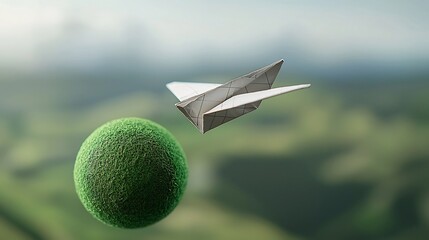 Poster - Close up view of a paper airplane gracefully orbiting a vibrant green planet symbolizing the potential of alternative energy solutions and environmental technology to create a more sustainable future