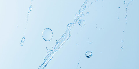 Poster - Water droplets splash against a light blue background, creating a dynamic visual effect with various sizes of bubbles forming, emphasizing freshness for drinks.