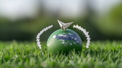 Aufkleber - Graceful paper airplane elegantly circling a large green globe symbolizing the promotion of eco friendly energy solutions and sustainable environmental practices  The simplistic