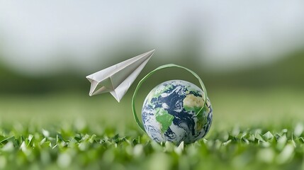 Poster - Close up of a paper airplane gracefully encircling a big green earth symbolizing eco friendly energy and sustainable solutions for a greener future