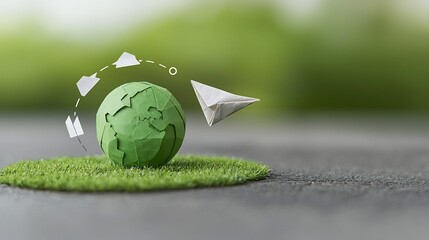 Poster - Close up view of a paper plane gracefully circling a green globe symbolizing sustainability and innovative alternative energy solutions for a eco conscious future
