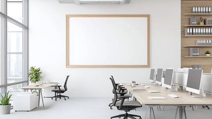 Leinwandbilder - Sleek Minimalist Frame Mockup on Wall in Stylish Room and Aerial Perspective of Tidy Office Desk with Multiple Computers Showcasing Productivity and Clean Workspace Design