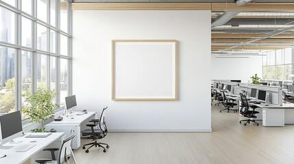 Poster - Minimalist and Organized Modern Office Workspace with Framed Wall Decor   Top Down View of Neat Desk with Multiple Computers and Equipment