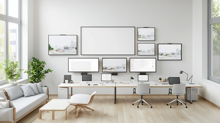 Poster - Bright and Airy Living Room Wall Backdrop with Aerial View of Organized Office Setup Featuring Multiple Computer Monitors on a Long Wooden Table