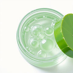 Poster - A close-up view of a green gel in a jar with bubbles, emphasizing freshness and skincare, showcasing beauty product details in a clean environment for beauty.