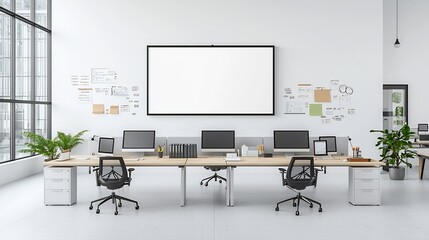 Leinwandbilder - Overhead view of a minimalist organized office workspace with a blank frame mockup mounted on the wall surrounded by multiple computer monitors placed on a long table for a clean