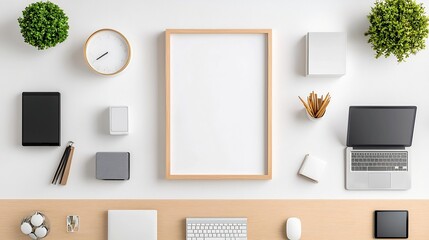 Poster - Aerial View of Neatly Arranged Modern Office Desk with Computers and Equipment Showcasing a Minimalist Home Interior Design with Frame Mockup on Wall