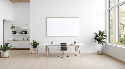 Poster - Cozy Room Poster Mockup with Aerial Shot of Clean Modern Office Workspace Ready for Work  Interior Design Home Decor Real Estate Business Corporate Concept
