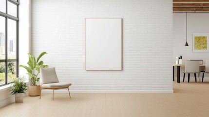Poster - Cozy and inviting room interior with wall poster mockup complemented by an aerial shot showcasing a sleek modern office workspace ready for productivity