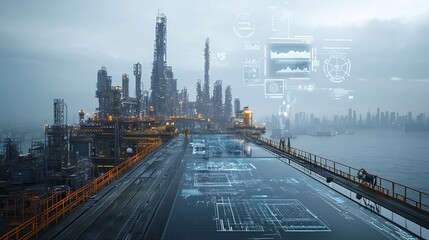 Poster - Futuristic pier overlooking a bustling digital city with floating 3D graphs and a dynamic network of information and data visualization
