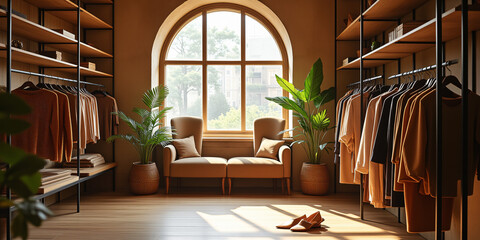 Poster - A cozy indoor scene featuring a well-lit room with shelves of clothing, a comfy chair, and potted plants by a large window for lifestyle.