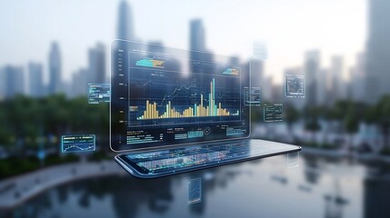 Leinwandbilder - Pier with a futuristic cityscape and an advanced digital network showcasing floating 3D data charts in an industrial and modern tone representing technological progress big data analytics
