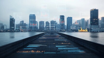 Leinwandbilder - Futuristic pier overlooking a dynamic cityscape with an advanced digital network and floating 3D data charts in an industrial tone showcasing the of technology and urban development