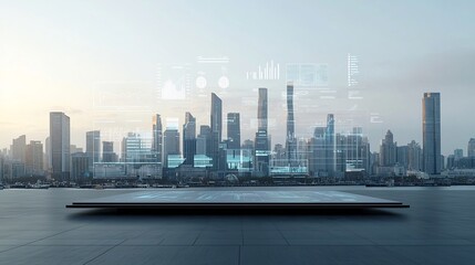 Fototapete - Futuristic pier overlooking a large cityscape with a global communications network and floating 3D data charts and visualizations in an industrial toned setting