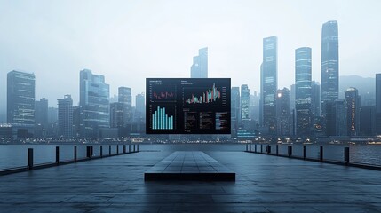 Leinwandbilder - Futuristic pier with floating 3D data charts and global communications network overlooking a modern industrial toned cityscape in the distance  Represents the of technology data