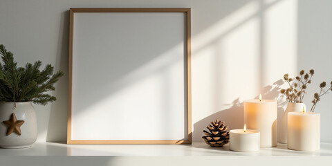 Poster - A serene tabletop arrangement featuring a blank frame, candles, and a decorative plant, creating a calm and aesthetic atmosphere for decoration.