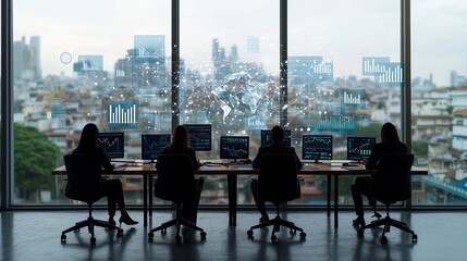 Poster - Silhouetted business team sitting by the window discussing and analyzing global network and 3D data graphs during an important meeting or conference
