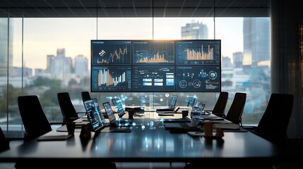 Leinwandbilder - Silhouette view of a business meeting taking place in an office setting surrounded by 3D data analysis tools and an interconnected global network symbolizing strategic planning