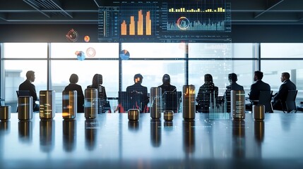 Leinwandbilder - Silhouetted figures of people collaborating in a conference room setting surrounded by a modern digital network and floating 3D data charts representing data analysis strategy