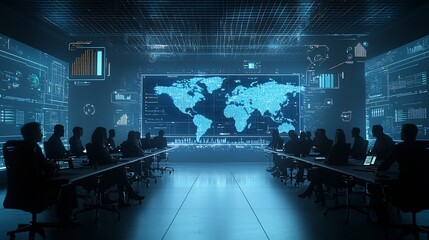 Leinwandbilder - Silhouetted business team gathered in a meeting surrounded by a global network of nodes and floating 3D data visualization tools representing the modern digital and decision making process