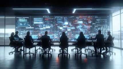 Poster - Futuristic high tech meeting room with silhouettes of individuals surrounded by data visualizations and global communication nodes conveying a cyberpunk inspired tone of innovation technology