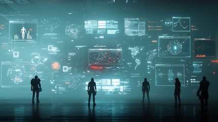 Poster - A collaborative digital workspace setting with silhouetted figures surrounded by floating interactive graphs global communication visuals and a futuristic cyberpunk inspired theme