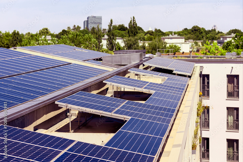 Solar Panel High Rise Solar panels on House Roof. Modern High-rise Residential Apartment ...