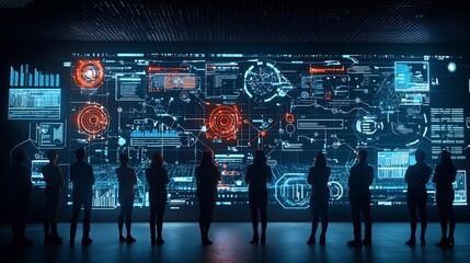 Fototapete - Silhouettes of professionals in a global business meeting within a futuristic digital environment featuring interconnected nodes and holographic projections conveying a mood and a sense of innovation